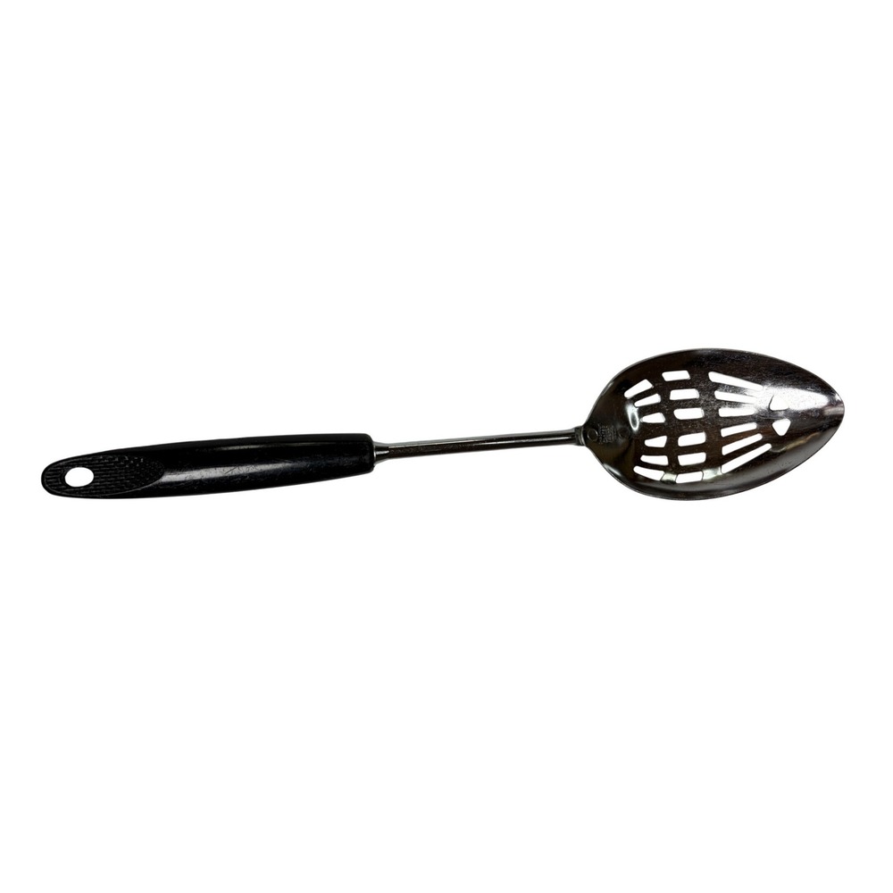 Vintage EKCO USA Slotted Serving Spoon Black Handle Chrome Plated 12" MidCentury